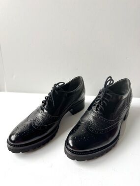 Luca Grossi Italy Black Leather Brogue Wingtip Lace up Stacked Heel Oxfords 38
